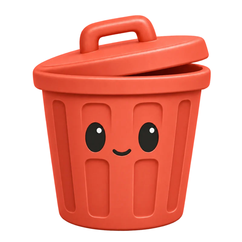 The cheerful coral CleanMyAgent trash can, with a tilted lid and a little smile