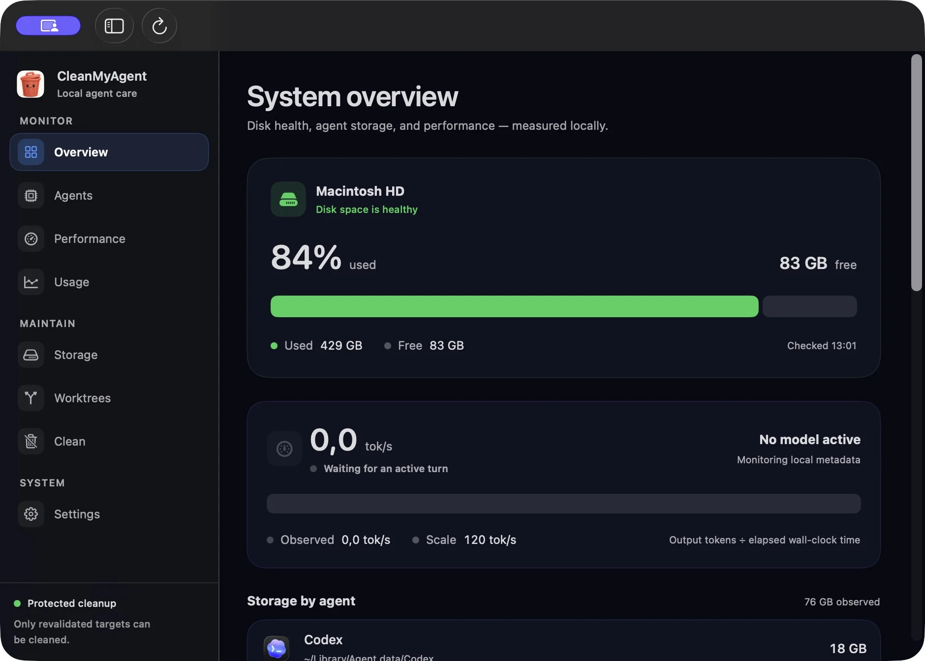 CleanMyAgent Overview with disk space, storage by agent and live activity. Example data.