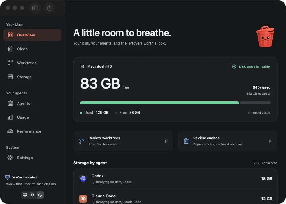 CleanMyAgent Overview with disk space, storage by agent and live activity. Example data.